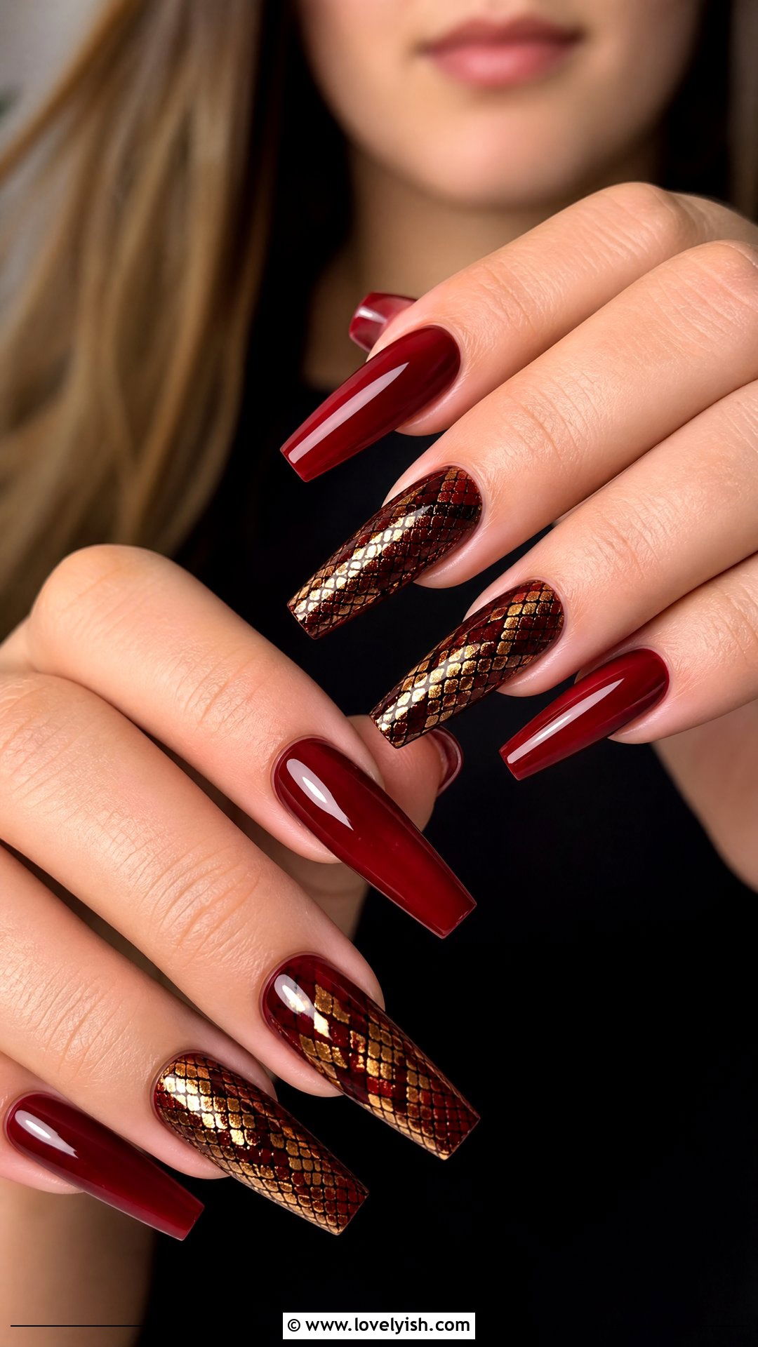 Red Base With Gold Snake Print - 50 red and gold nail design ideas - 50 red and gold nail design ideas