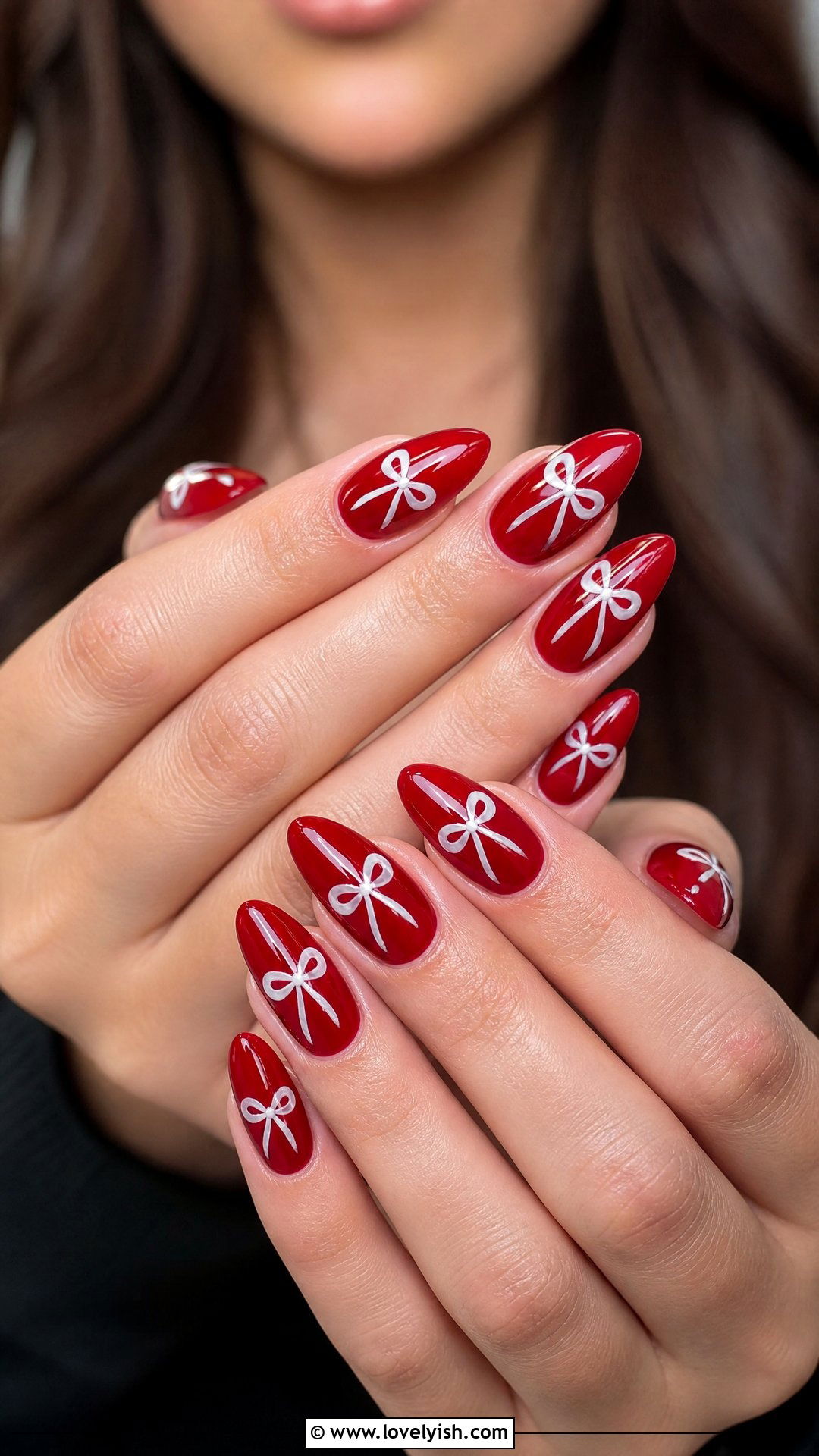 Red Bow Nails With Glossy Finish - 25 bow nail design ideas - 25 bow nail design ideas