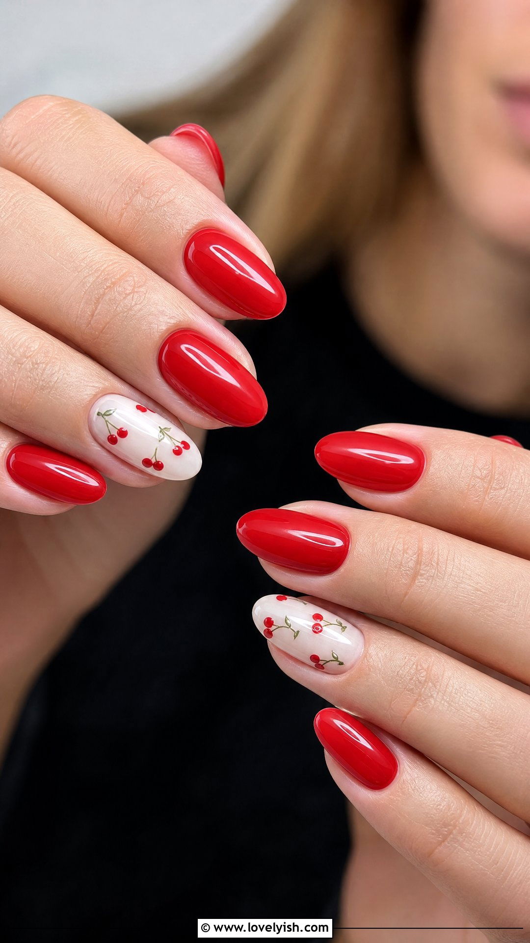 Red Cherry Accent Nails - 50 simple nail art - 50 simple nail art