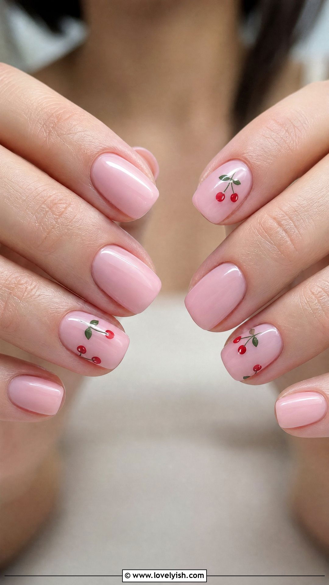 Red Cherry Nails on Pink Base - 50 red and pink nail designs - 50 red and pink nail designs