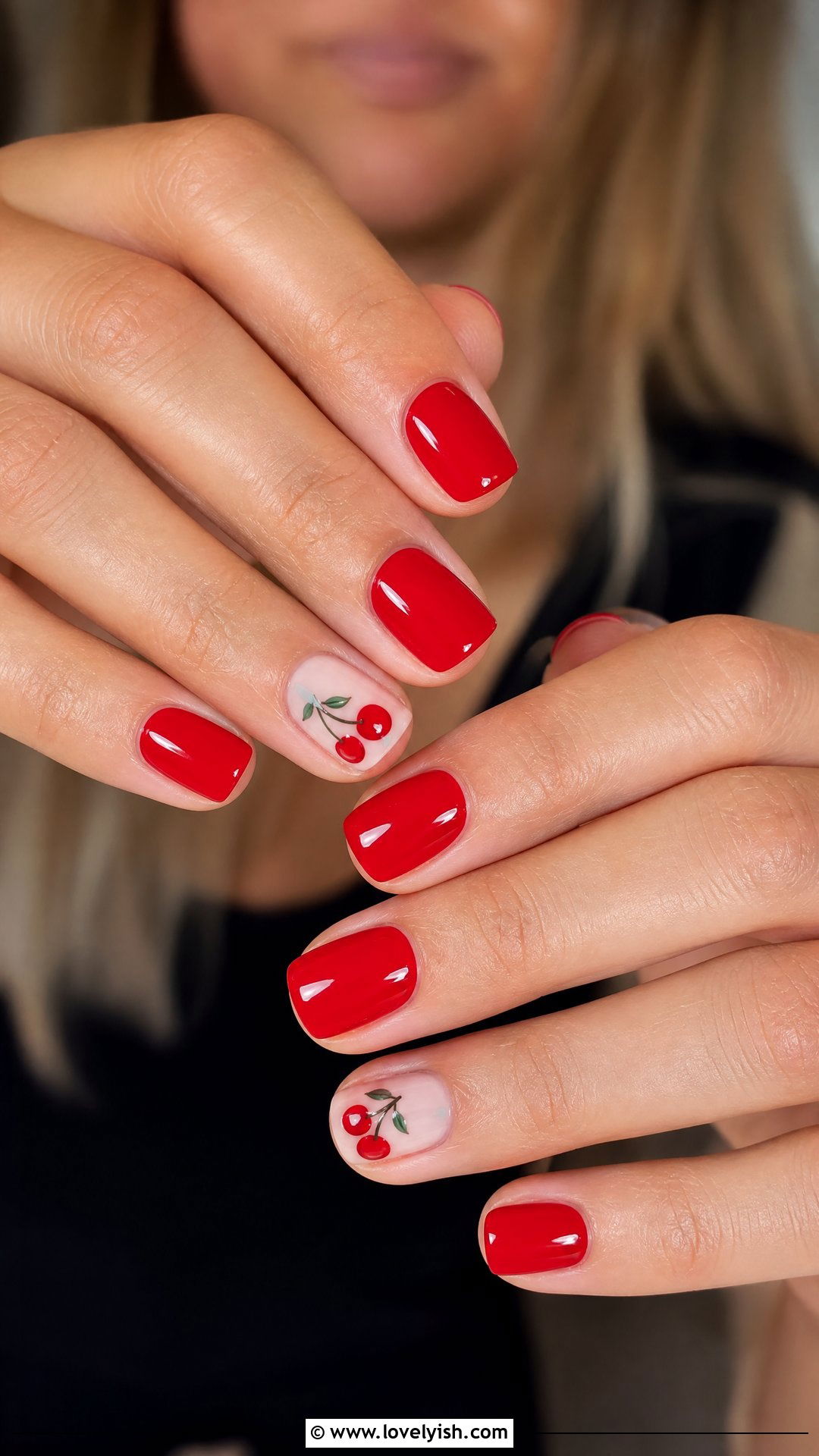 Red Cherry Short Square Nails - 25 short square nail designs - 25 short square nail designs