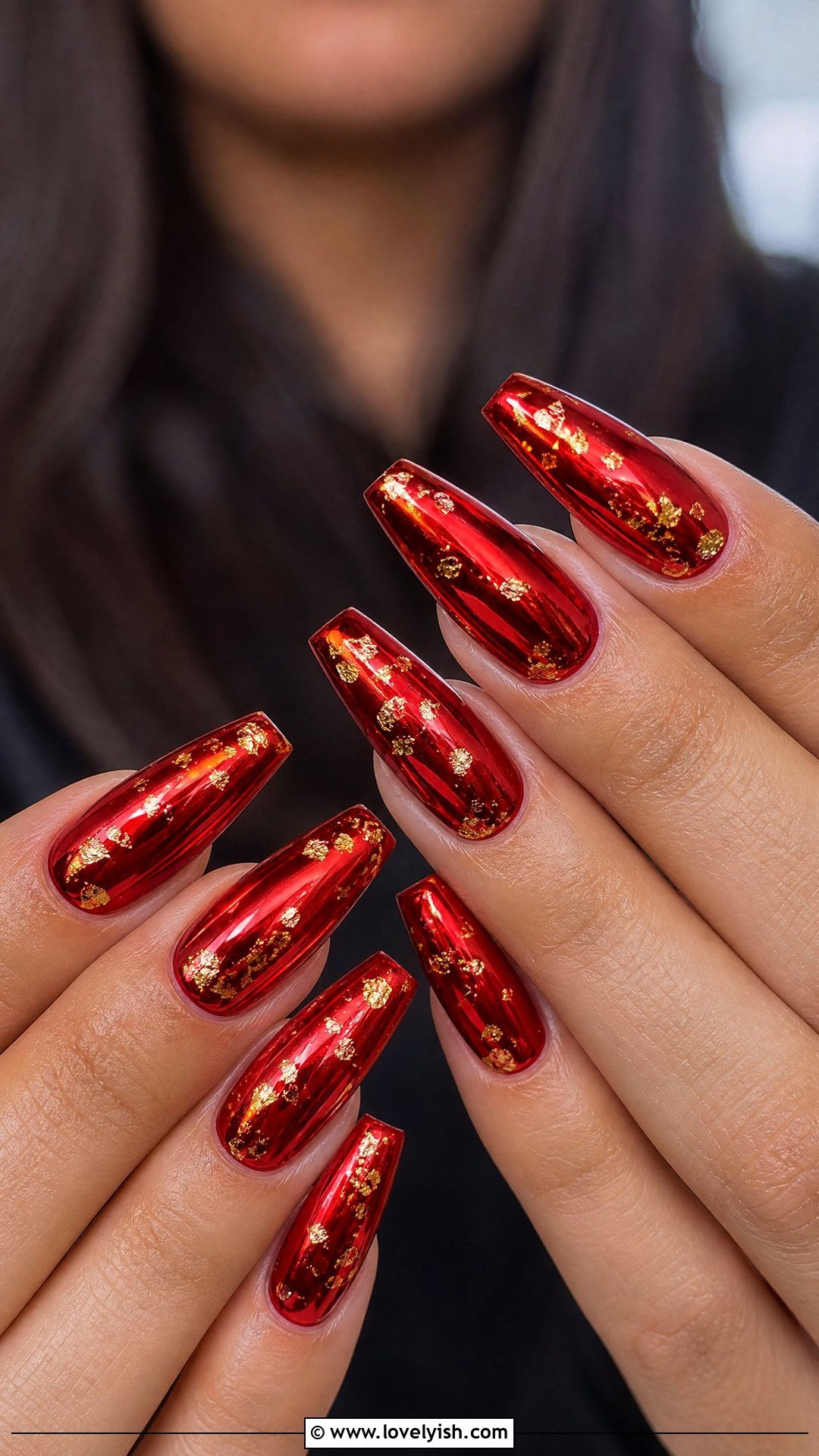 Red Chrome With Gold Foil Specks - 50 red and gold nail design ideas - 50 red and gold nail design ideas