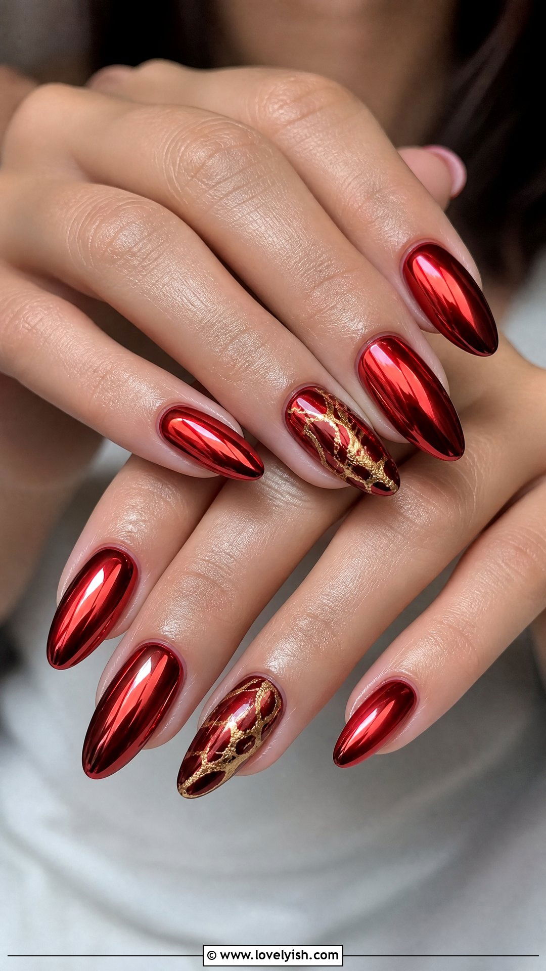 Red Chrome With Gold Marble Swirls - 50 red and gold nail design ideas - 50 red and gold nail design ideas