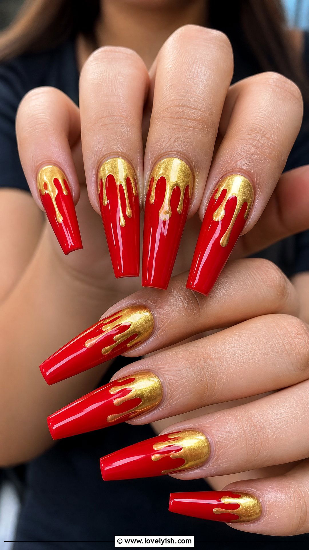 Red Coffin Nails With Gold Drips - 50 red and gold nail design ideas - 50 red and gold nail design ideas