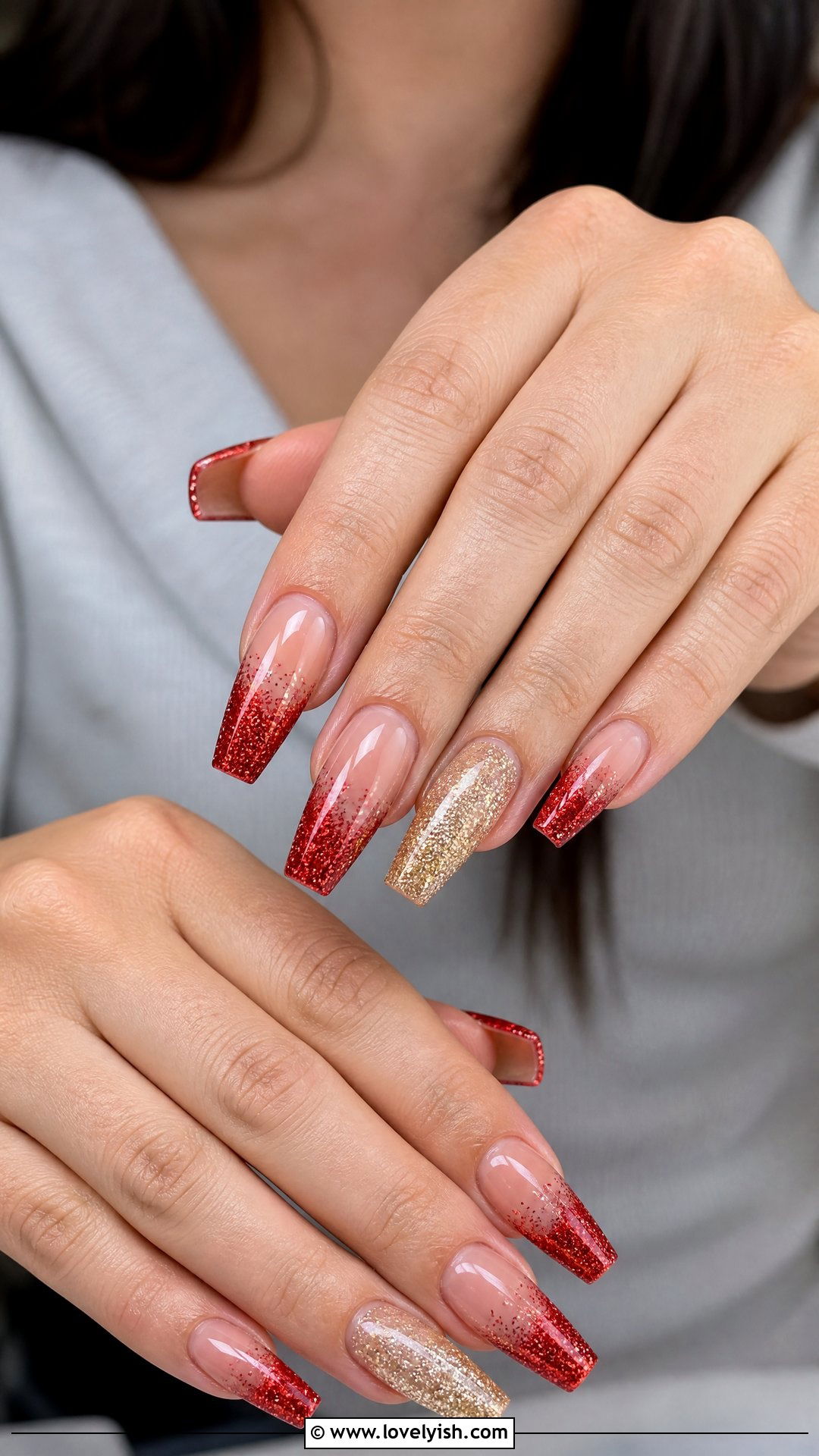 Red Glitter Tips On Nude Base - 50 red and gold nail design ideas - 50 red and gold nail design ideas