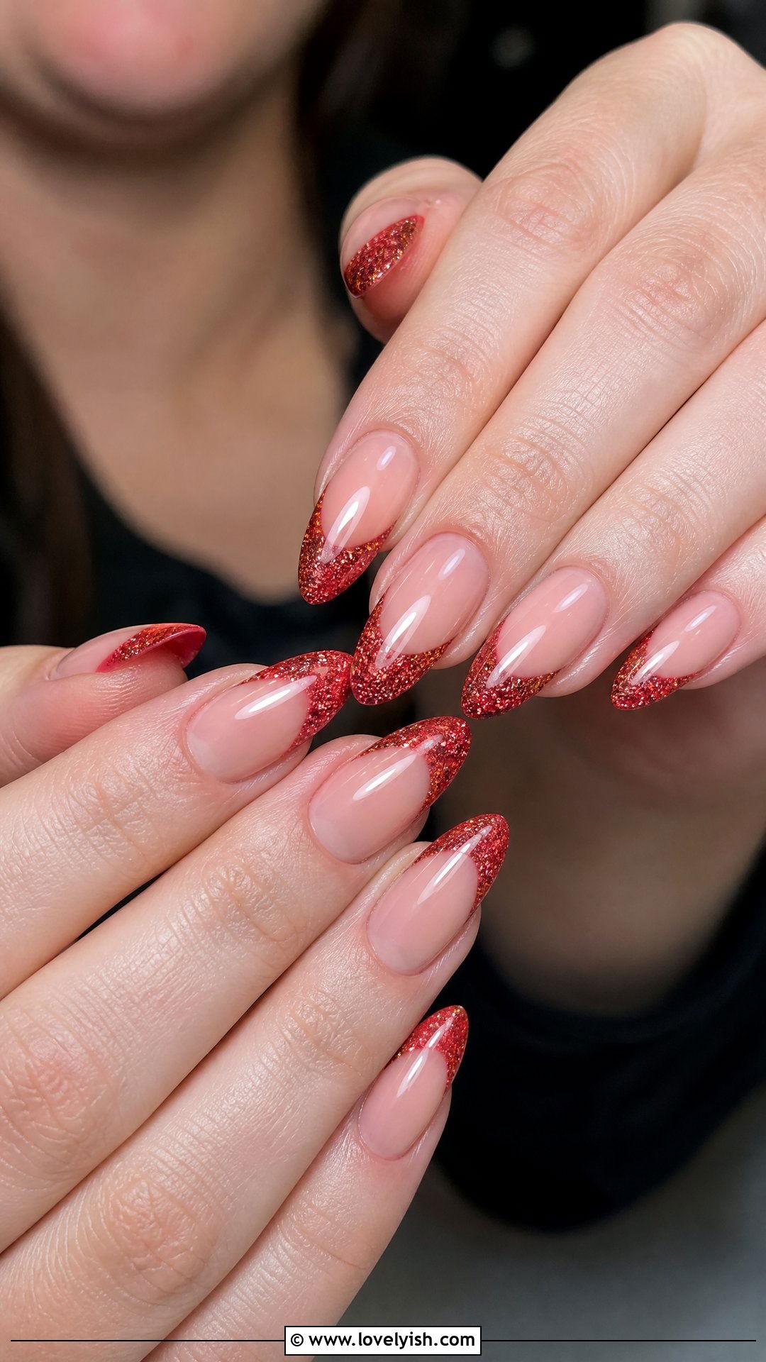 Red Glitter on Pink French Tips - 50 red and pink nail designs - 50 red and pink nail designs