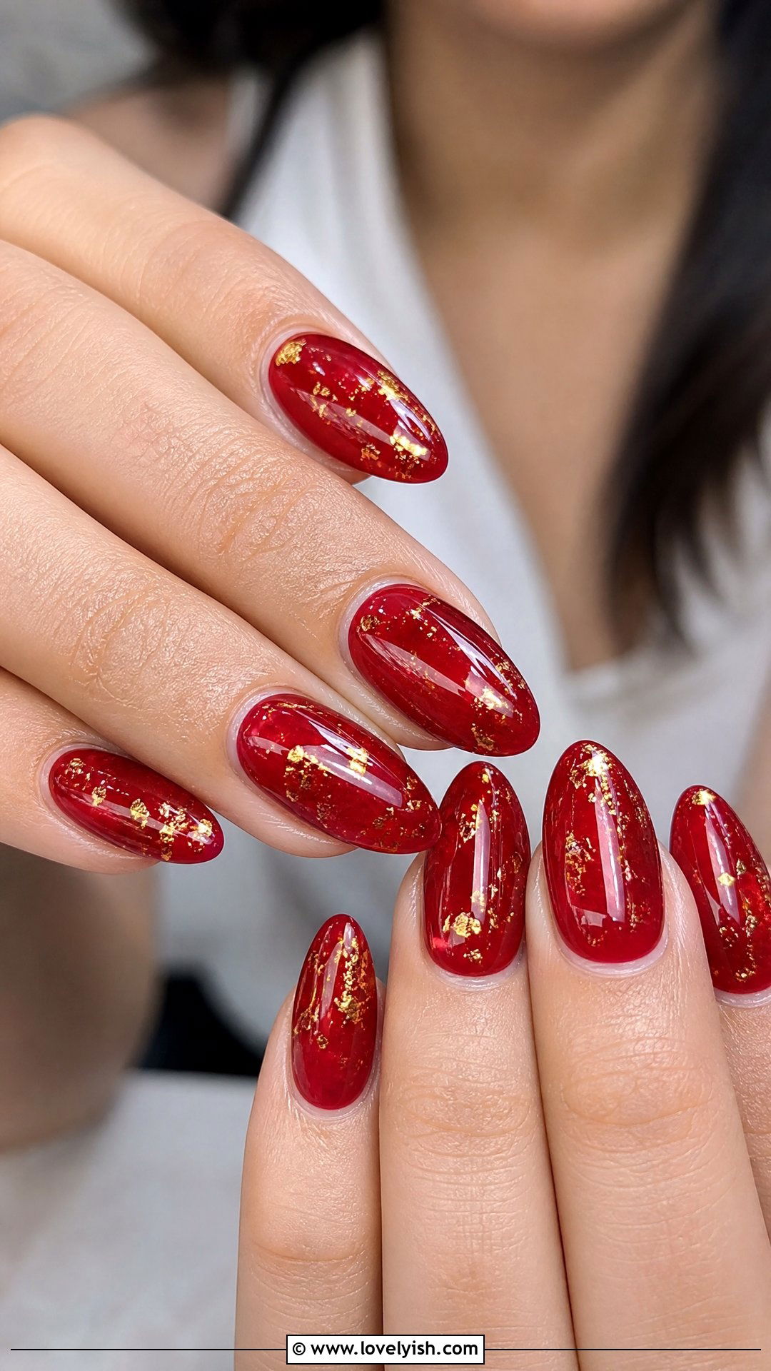 Red Jelly Nails With Gold Flecks - 50 red and gold nail design ideas - 50 red and gold nail design ideas