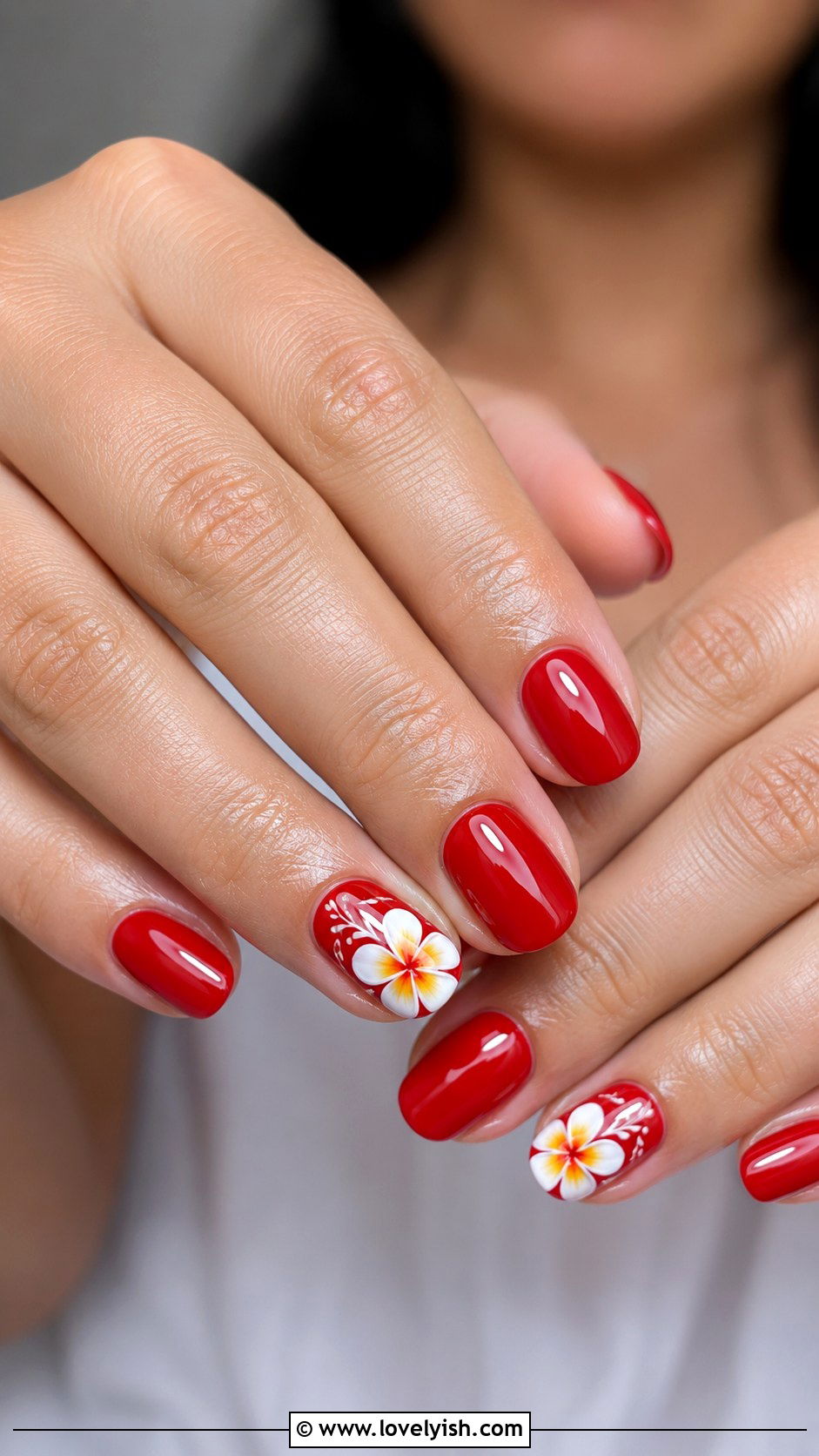 Red Nails With Tropical Flower Accents - 50 vacation nails - 50 vacation nails