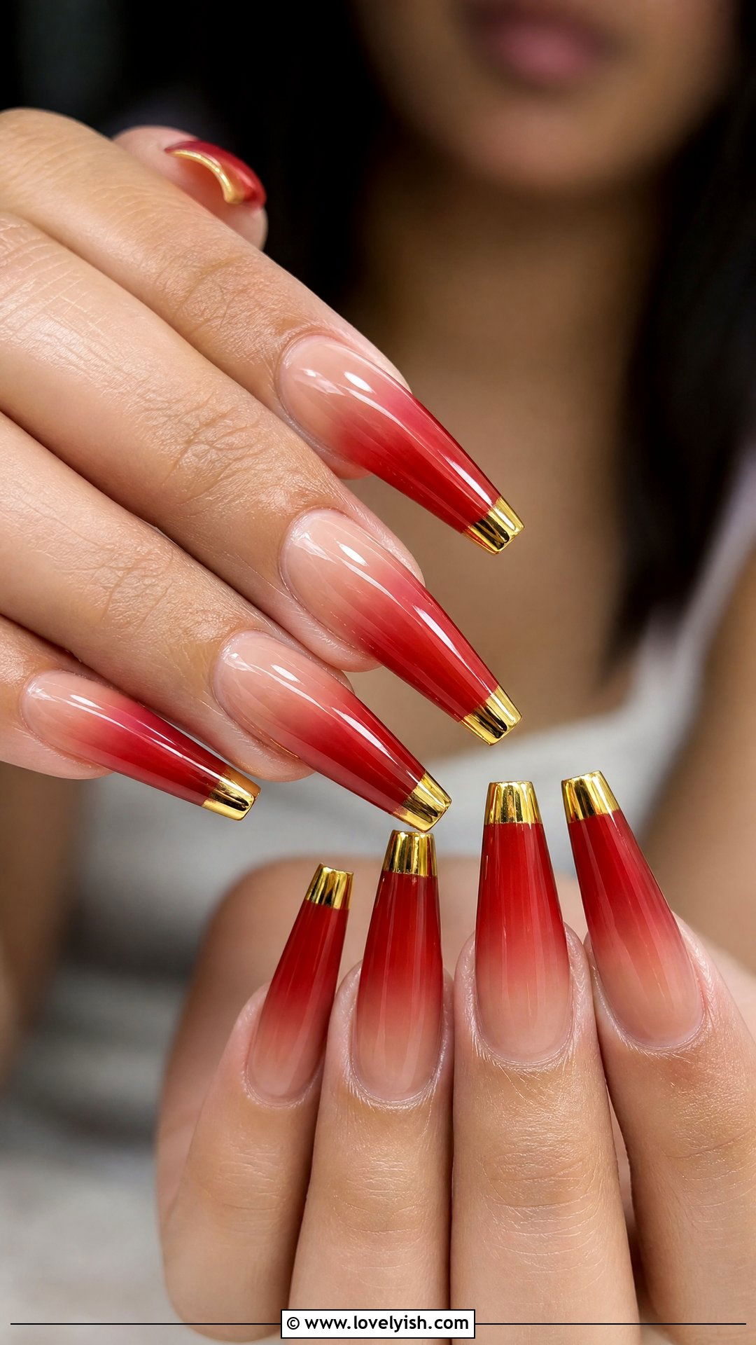 Red Ombre With Gold Chrome Tips - 50 red and gold nail design ideas - 50 red and gold nail design ideas