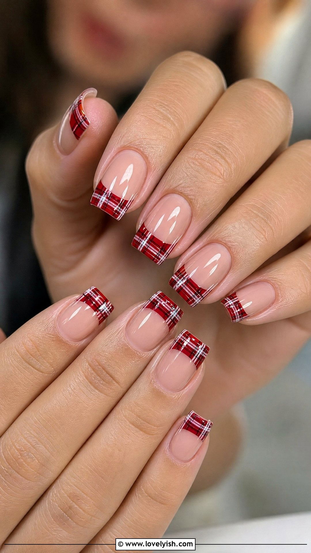 Red Plaid French Holiday Nails - 50 holiday nails - 50 holiday nails