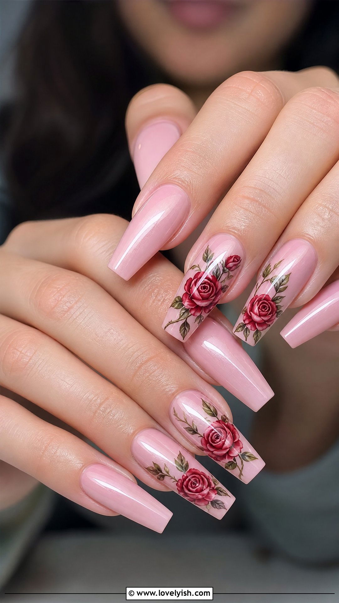 Red Roses on Pink Nails - 50 red and pink nail designs - 50 red and pink nail designs