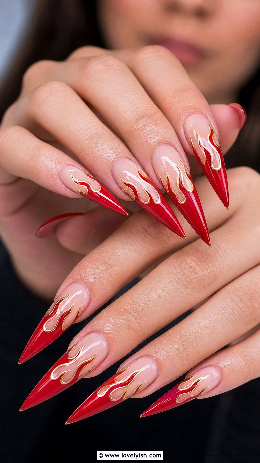 Red Stiletto With Gold Flames - 50 red and gold nail design ideas - 50 red and gold nail design ideas