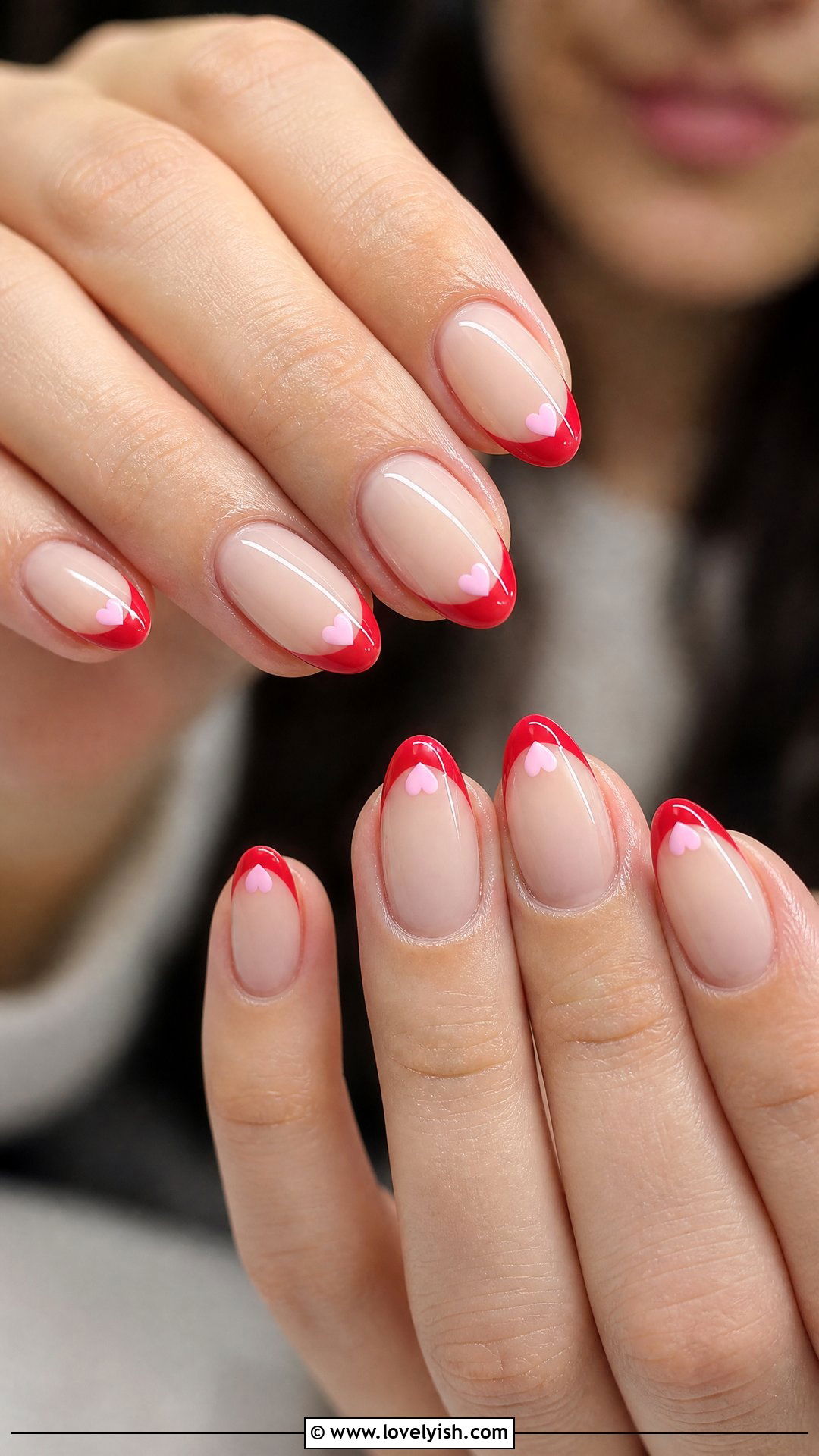 Red Tips with Pink Hearts - 50 red and pink nail designs - 50 red and pink nail designs