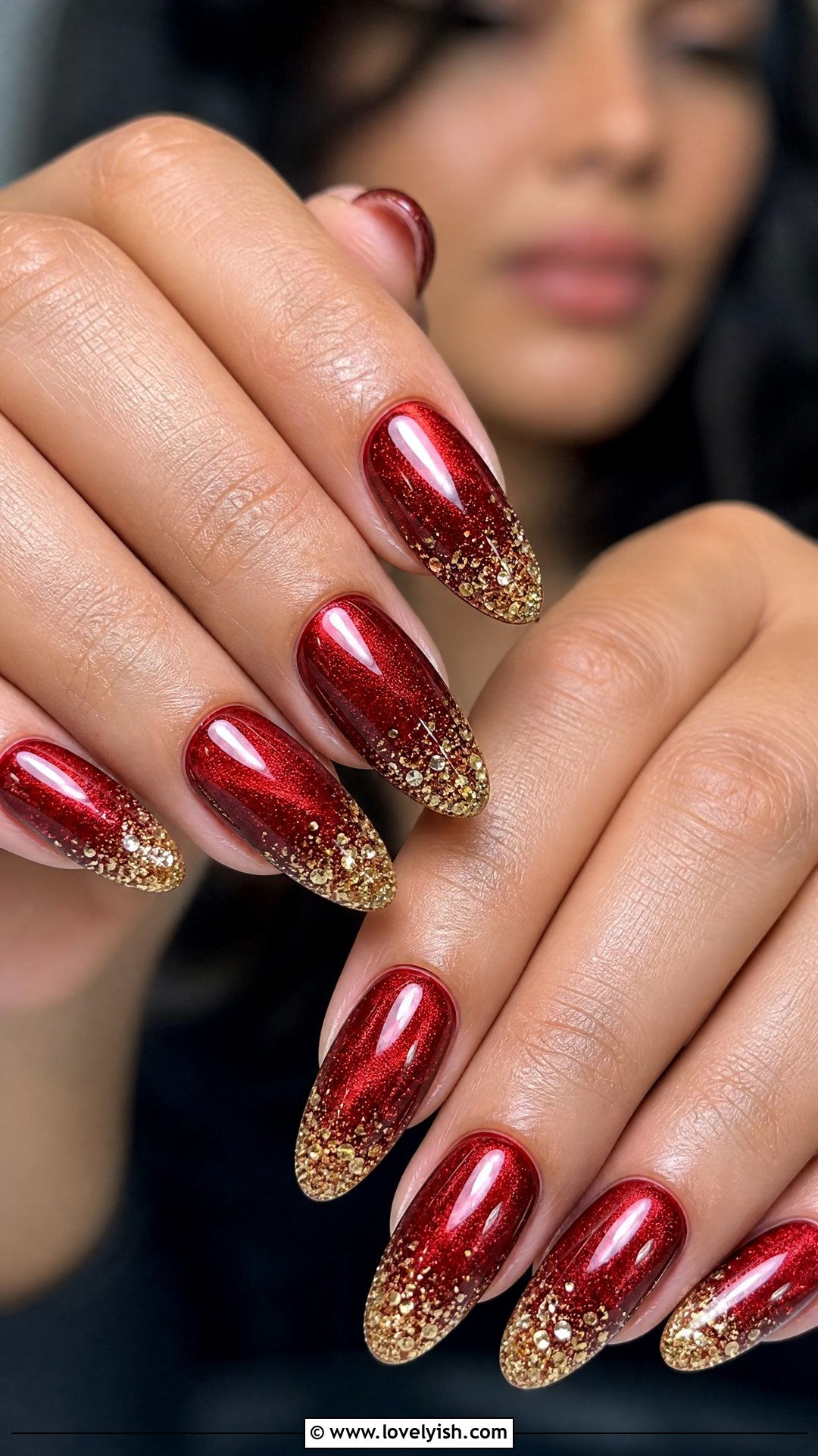 Red Velvet With Gold Glitter Tips - 50 red and gold nail design ideas - 50 red and gold nail design ideas