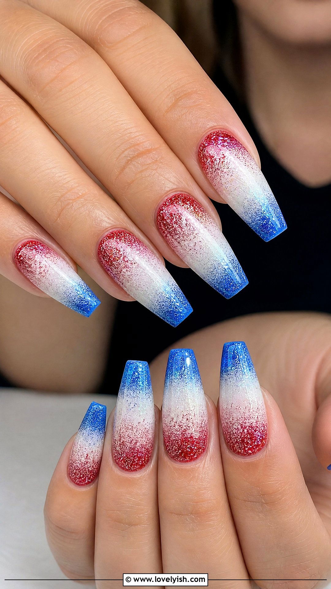 Red White and Blue Glitter Ombre Nails - 25 4th of july nail art ideas - 25 4th of july nail art ideas