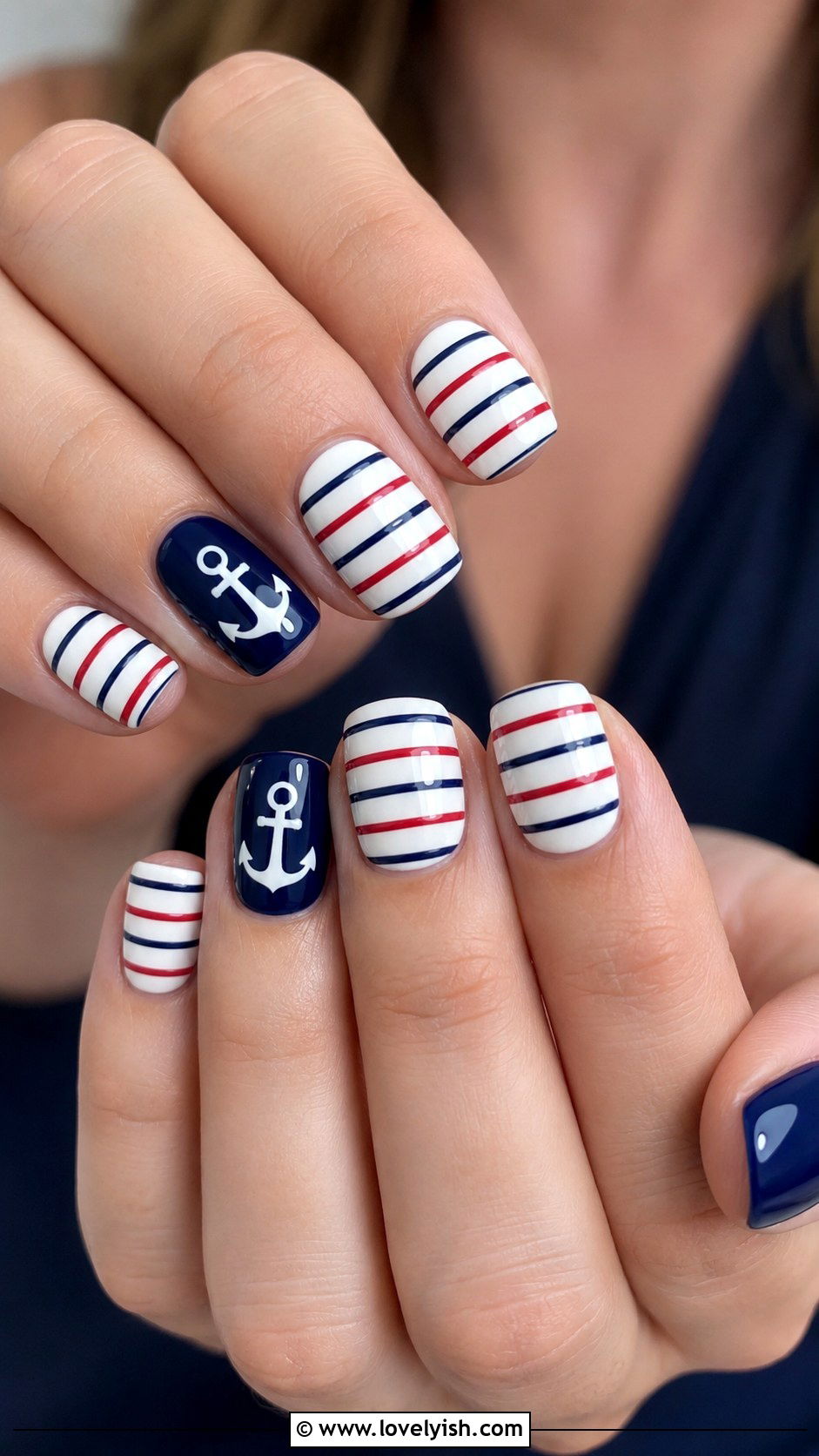Red White and Blue Striped Anchor - 50 anchor nail designs - 50 anchor nail designs