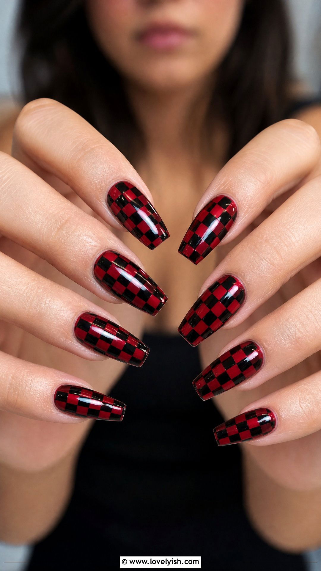 Red and Black Checkered Nails - 25 checkered nail designs - 25 checkered nail designs
