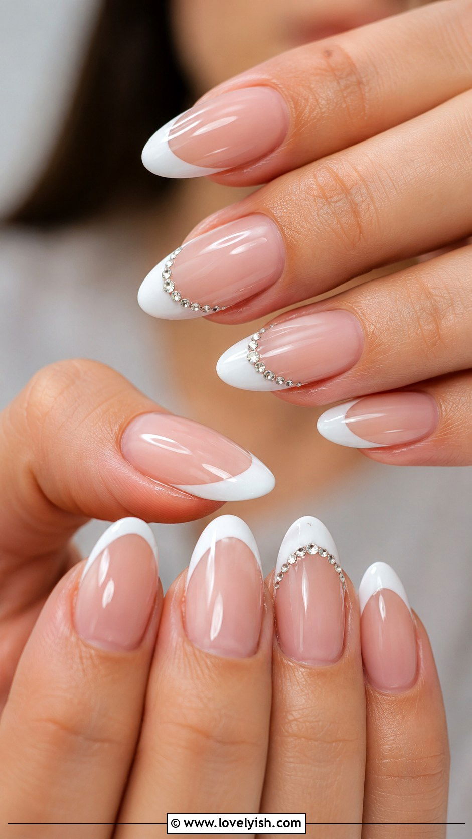 Rhinestone French Tip Almond Nails - 50 almond french tip nails - 50 almond french tip nails