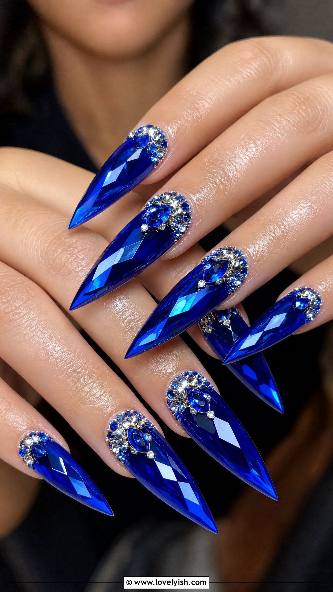 Royal Blue Crystal Long Stiletto Nails - 50 long stiletto nails - 50 long stiletto nails