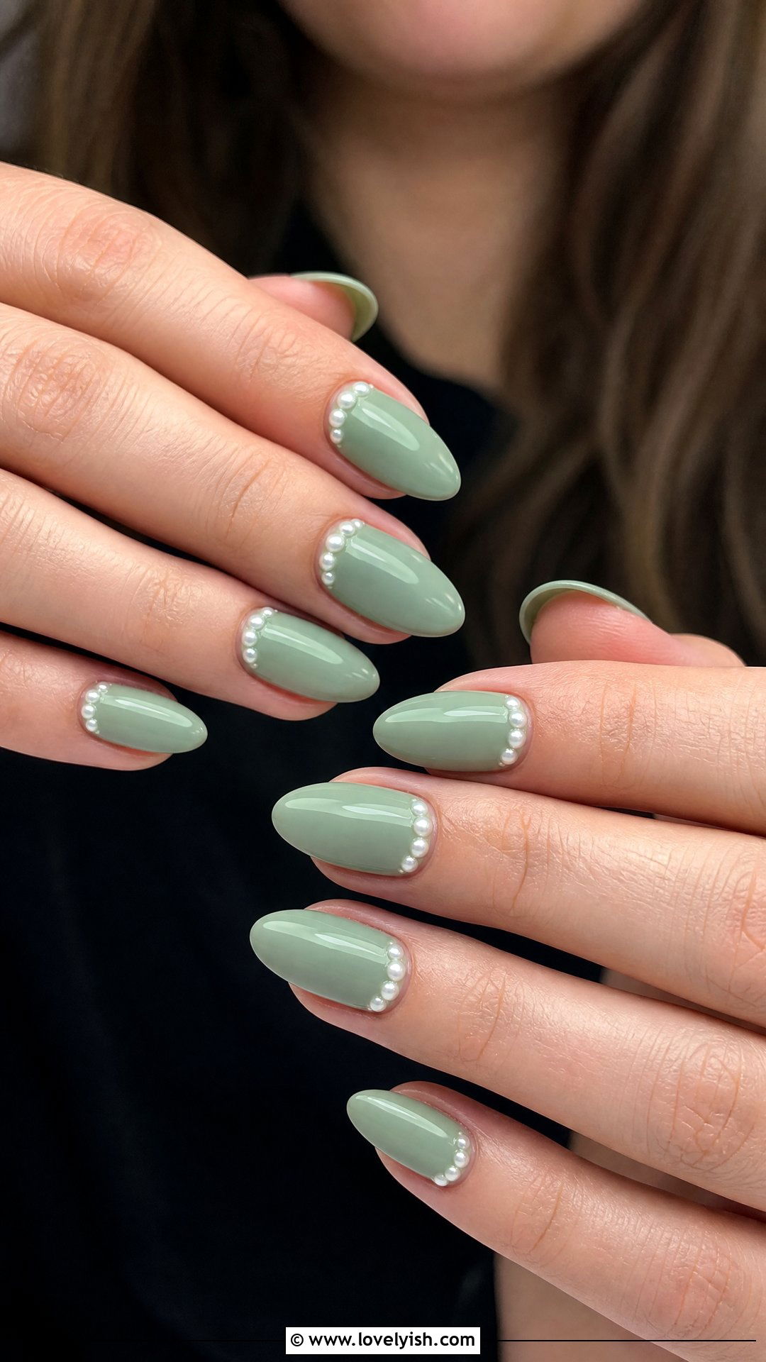 Sage Green Birthday Nails with Pearls - 25 birthday nail ideas - 25 birthday nail ideas