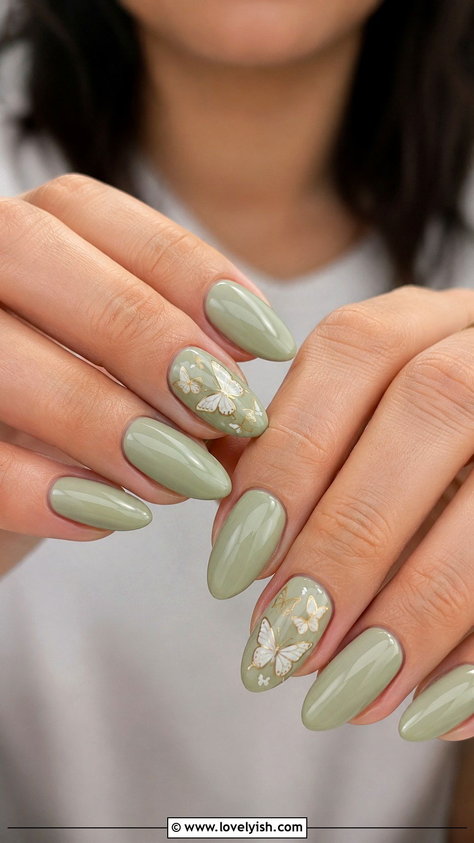 Sage Green Butterfly Accent Nails - 50 green nails - 50 green nails