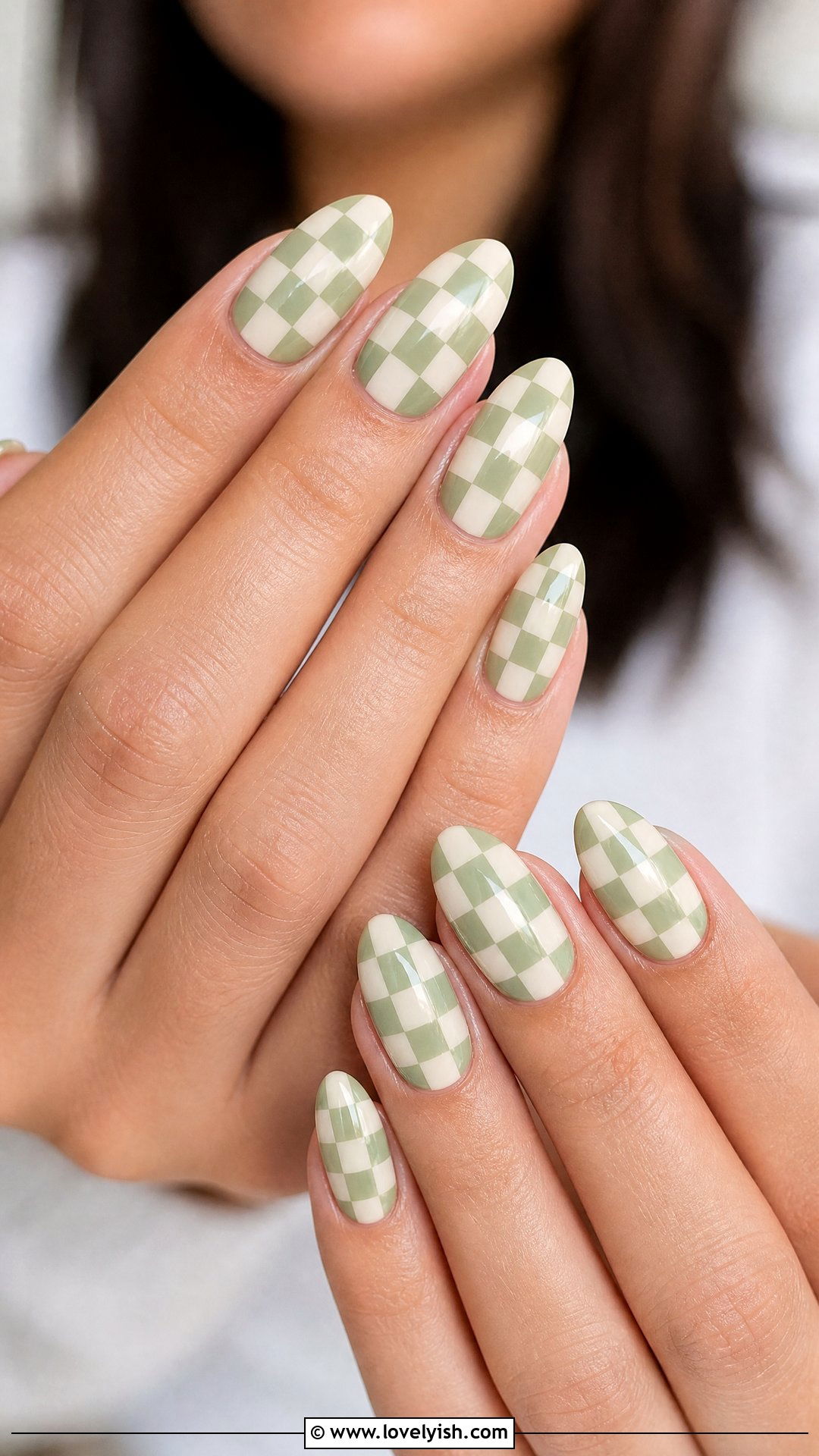 Sage Green Checkered Nails with Milky Base - 25 checkered nail designs - 25 checkered nail designs