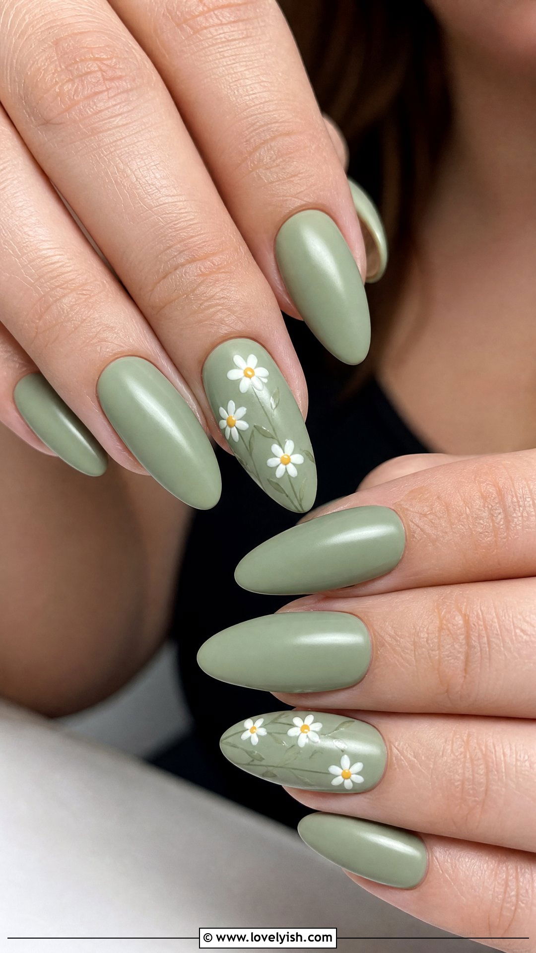 Sage Green Floral Almond Nails - 28 nail designs for long nails - 28 nail designs for long nails