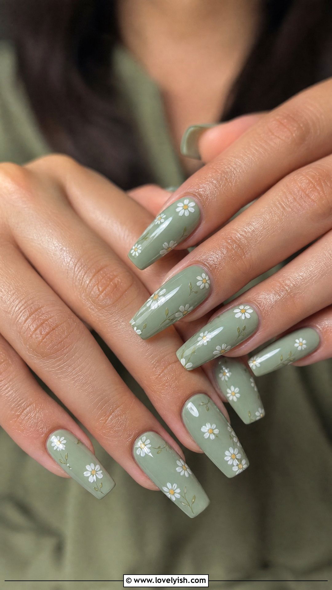 Sage Green Floral Coffin Nails - 50 coffin nails - 50 coffin nails