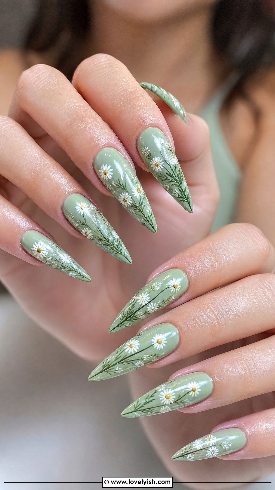 Sage Green Floral Long Stiletto Nails - 50 long stiletto nails - 50 long stiletto nails