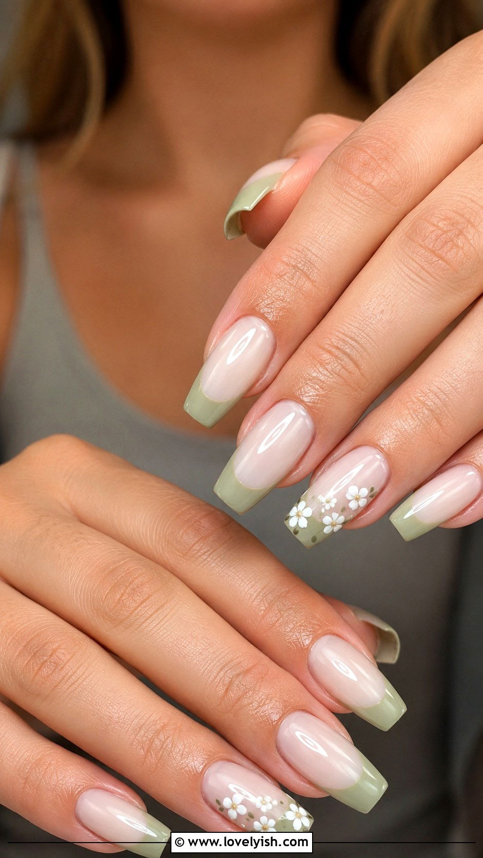 Sage Green Floral Tip Nails - 50 april nail designs - 50 april nail designs