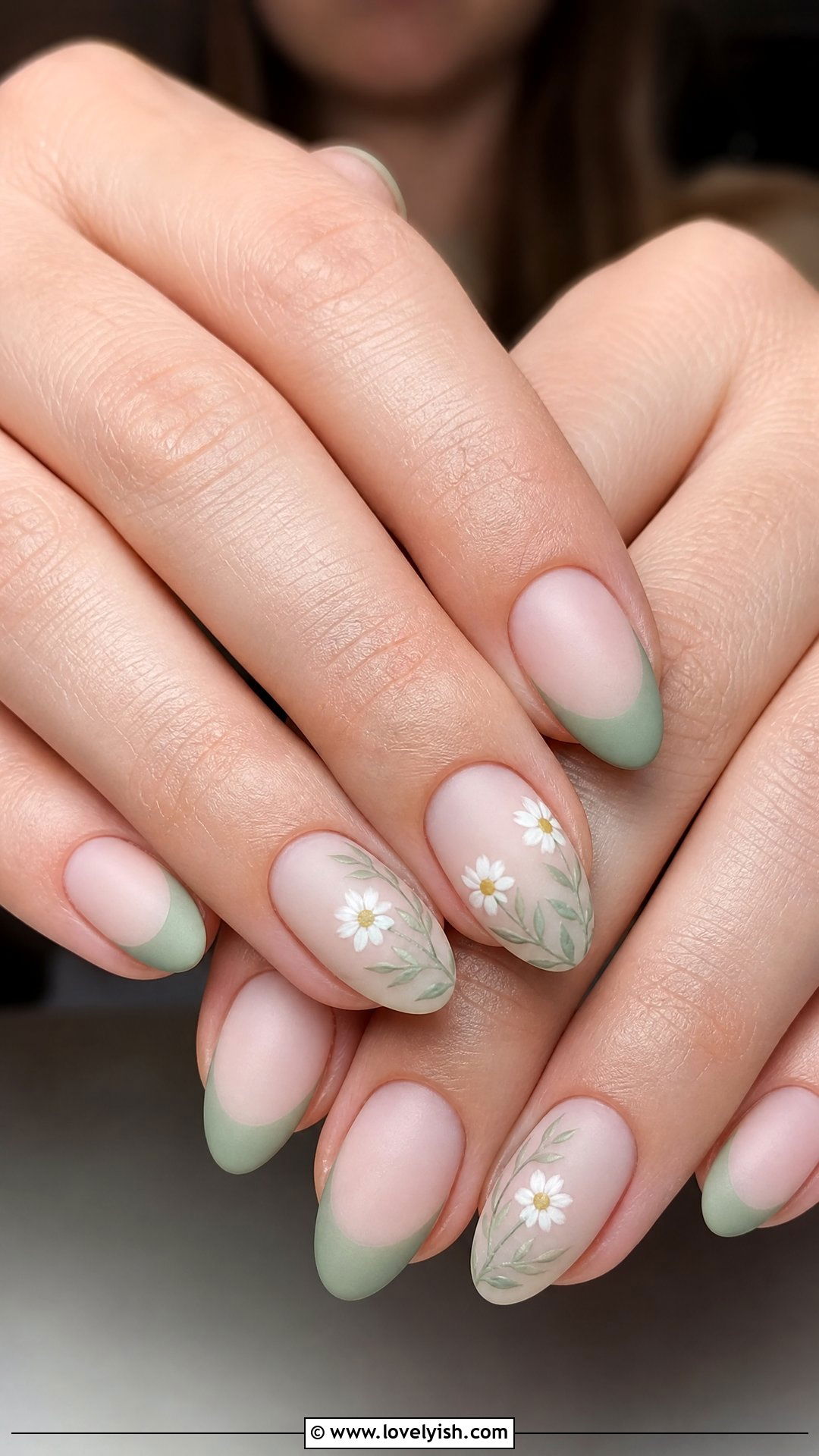 Sage Green French with Daisies - 50 cute french tip nail designs - 50 cute french tip nail designs