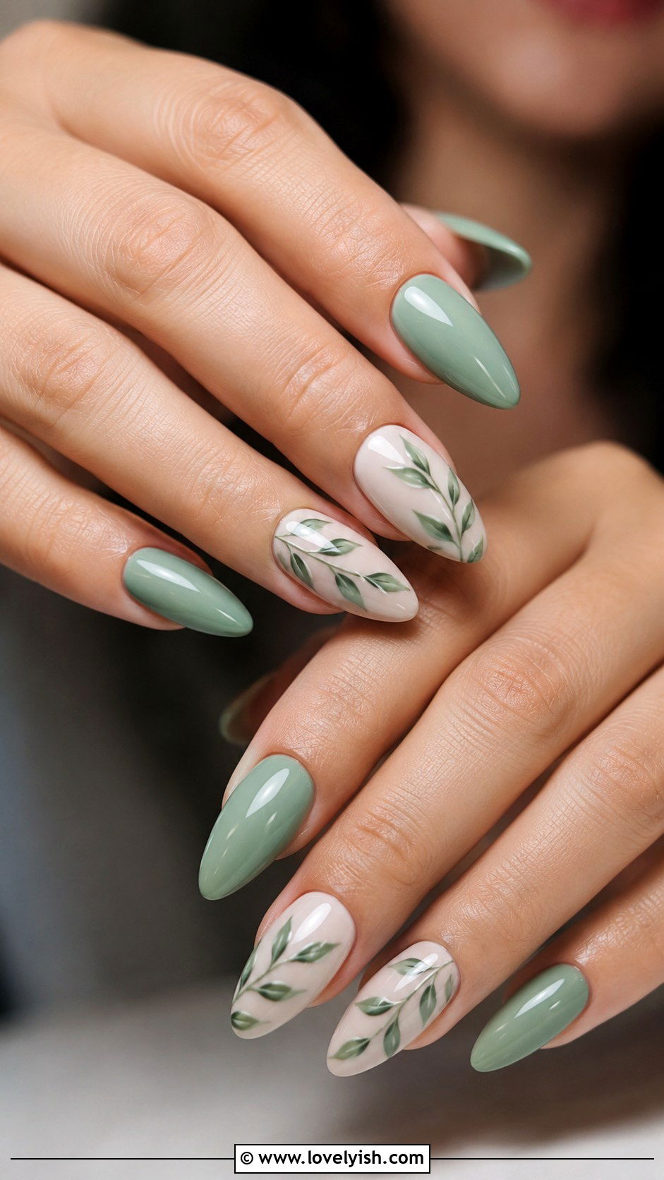 Sage Green Leaf Nails - 42 spring nail ideas - 42 spring nail ideas