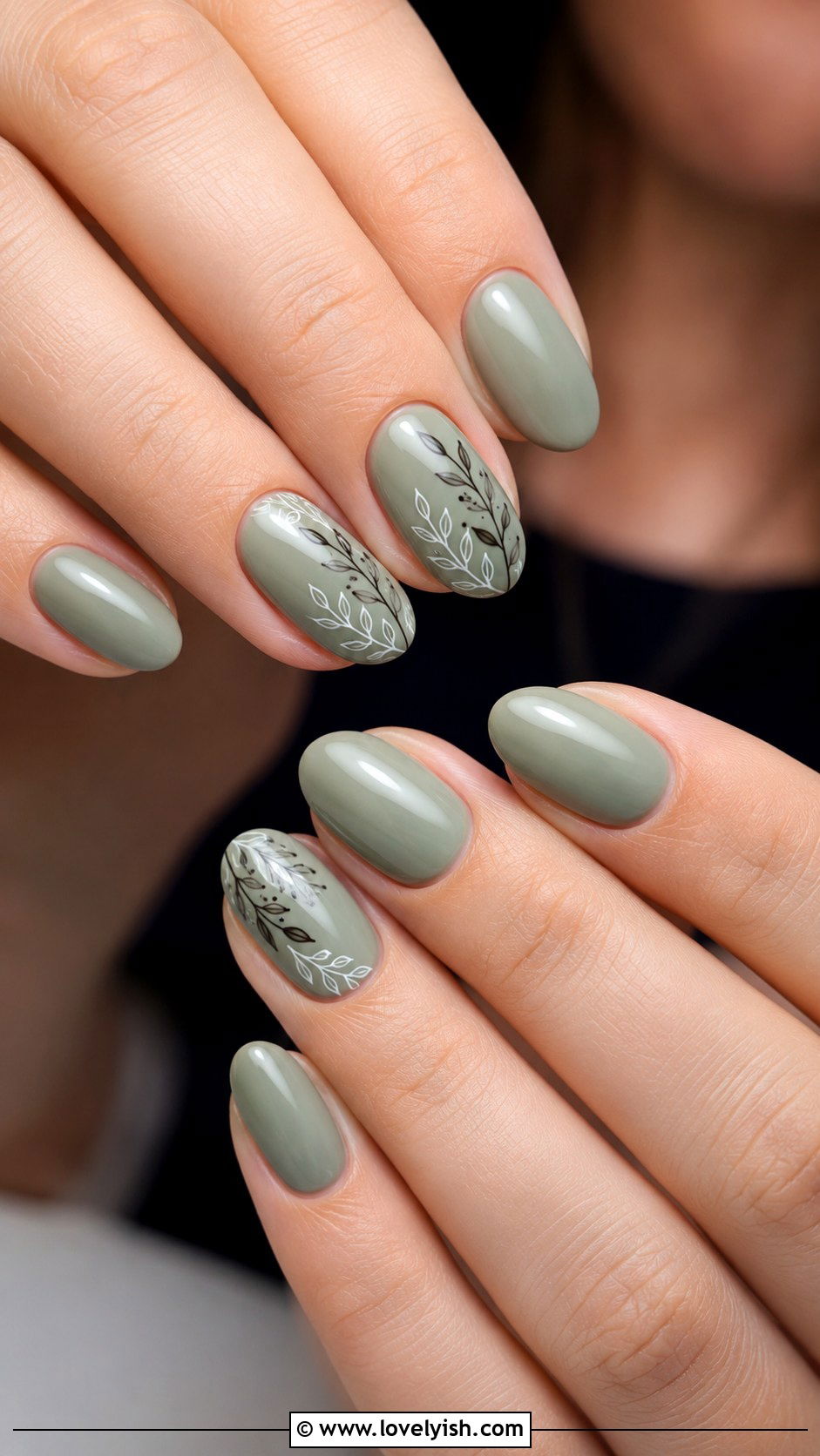 Sage Green Nails With Botanical Vine Detail - 43 nail art ideas - 43 nail art ideas