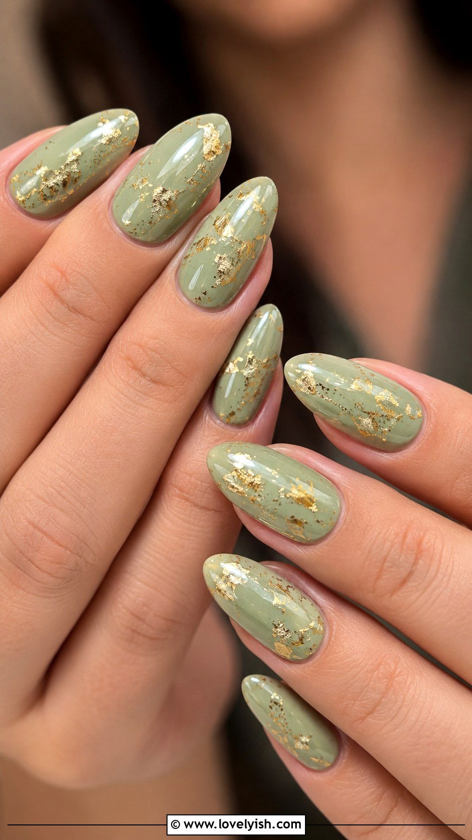 Sage Green With Gold Foil Nails - 25 green nail design ideas - 25 green nail design ideas