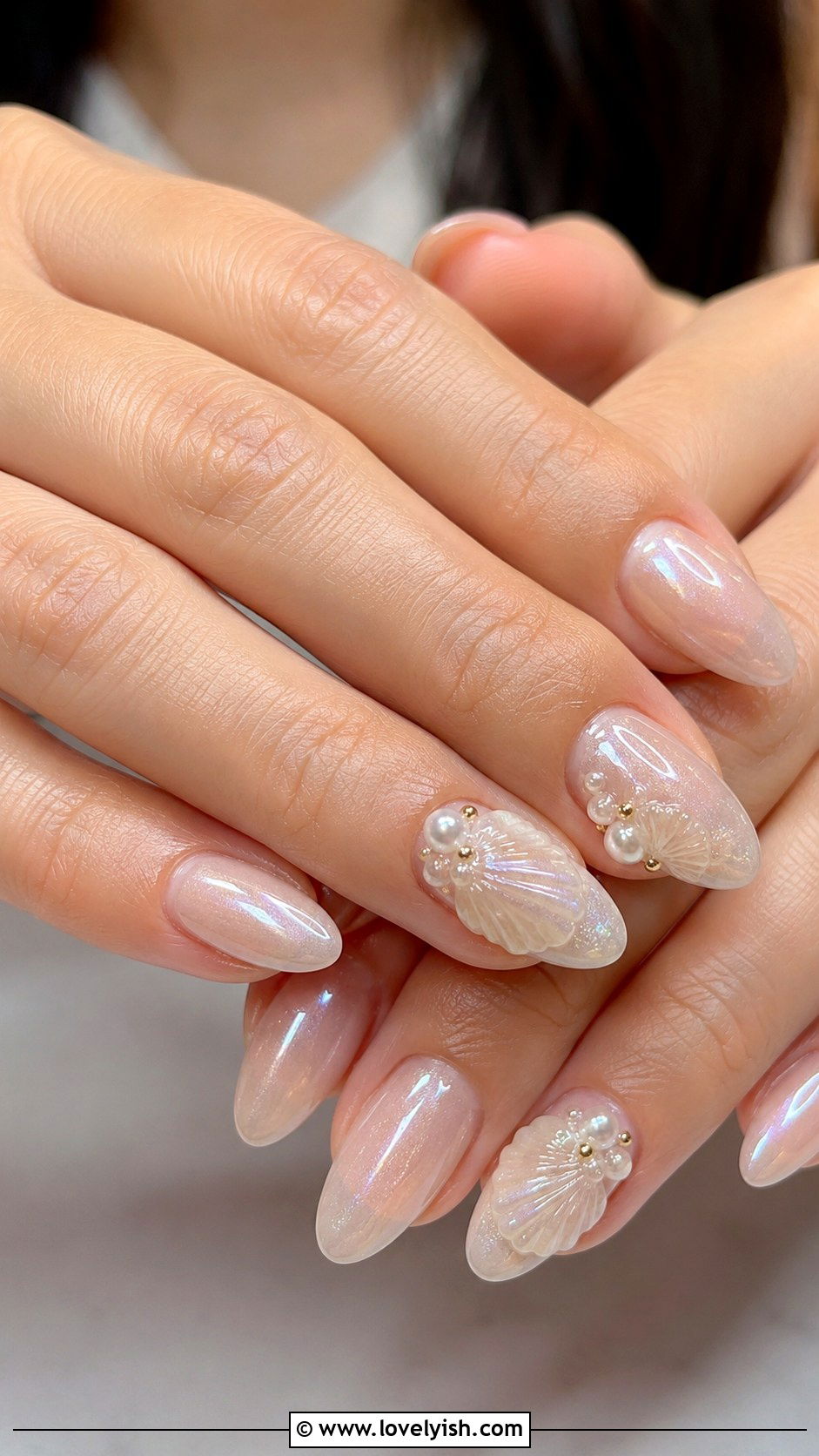 Seashell Pearl Accent Nails - 39 summer nail ideas - 39 summer nail ideas