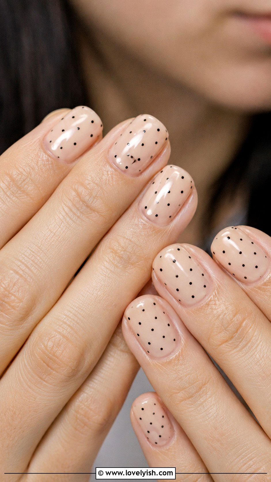 Sheer Beige Nails with Tiny Black Dots - 33 minimalist nail designs - 33 minimalist nail designs