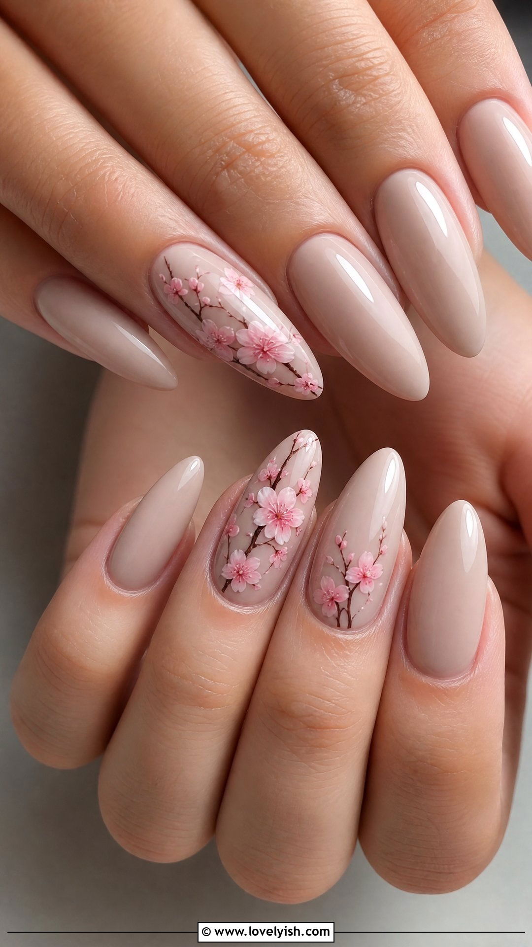 Sheer Nude Nails with Cherry Blossoms - 50 mothers day nail designs - 50 mothers day nail designs