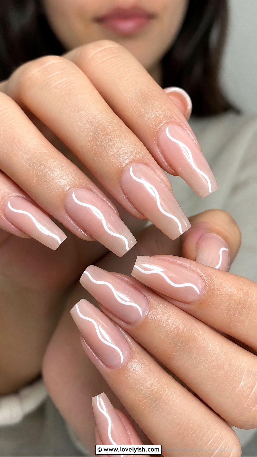 Sheer Nude with White Squiggle Line Nails - 42 minimalist nail art - 42 minimalist nail art
