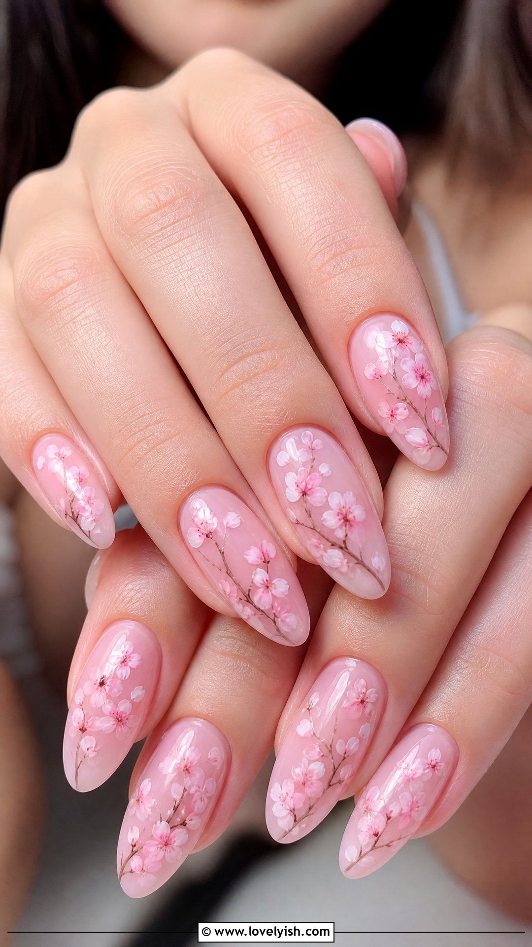 Sheer Pink Cherry Blossom Nails - 42 spring nail ideas - 42 spring nail ideas