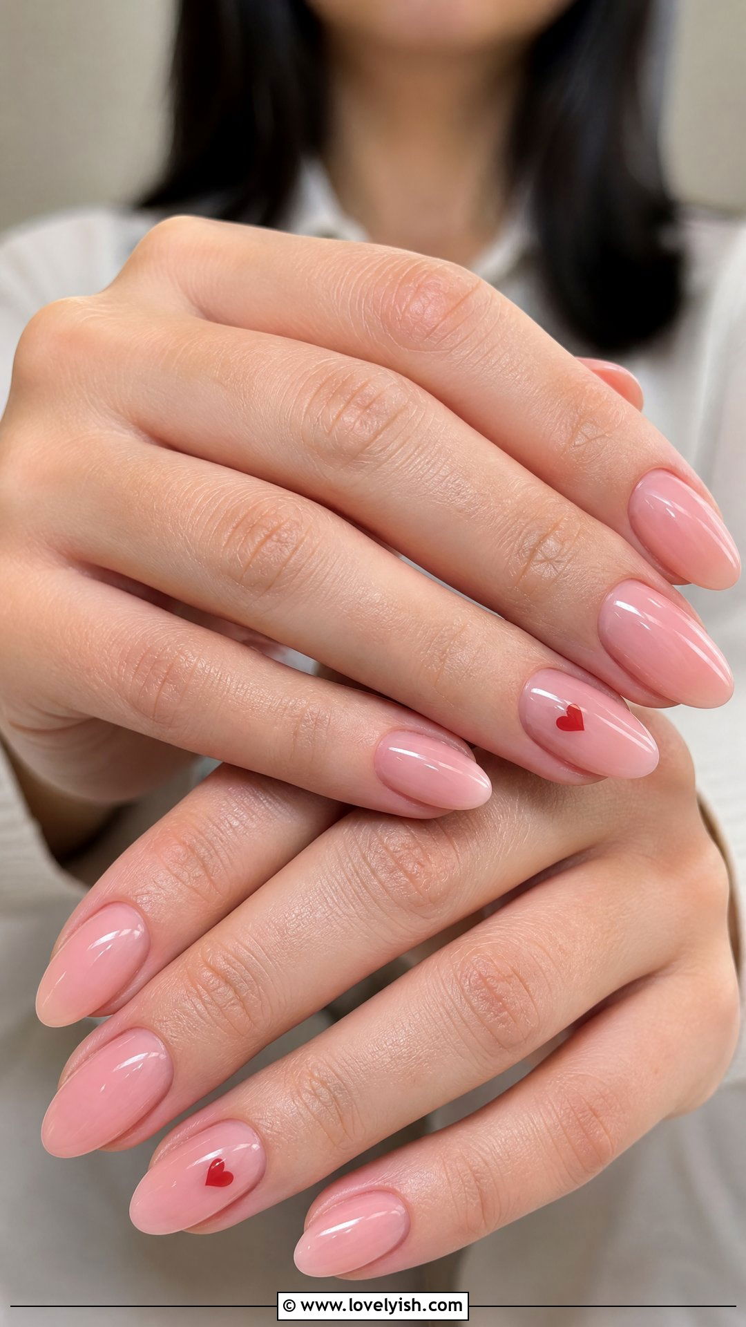 Sheer Pink Heart Accent Nails - 50 easy spring nail designs - 50 easy spring nail designs