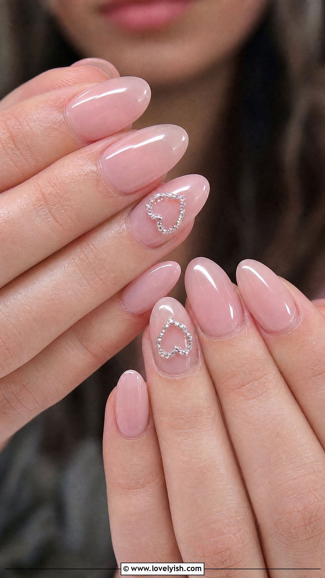 Sheer Pink Nails With Diamond Heart Outline - 30 nail designs with diamonds - 30 nail designs with diamonds