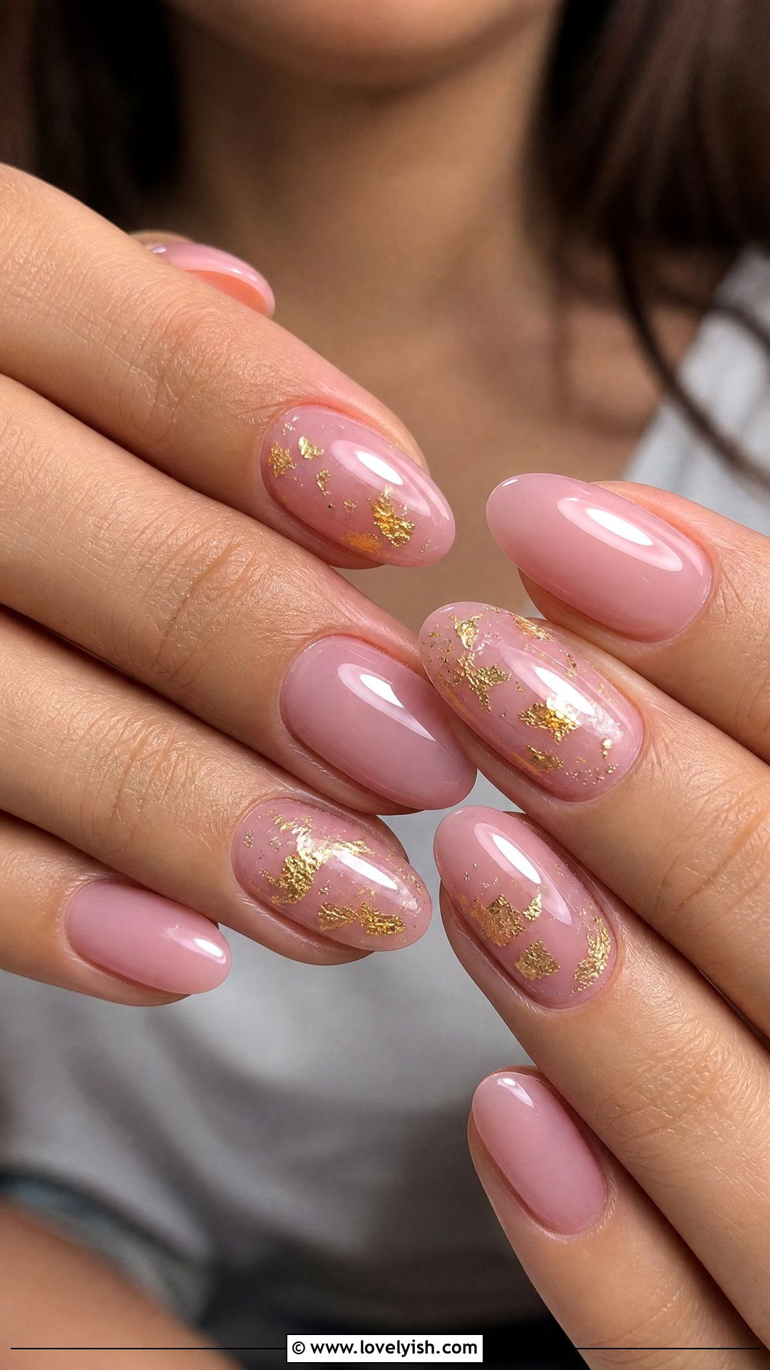 Sheer Pink Nails with Gold Foil - 50 mothers day nail designs - 50 mothers day nail designs
