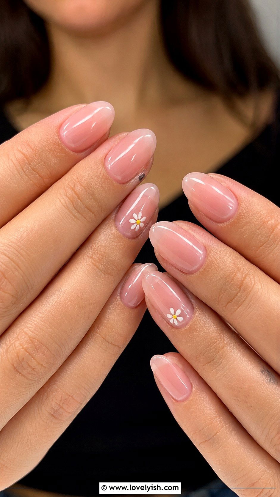 Sheer Pink Nails with Mini Floral Accent - 33 minimalist nail designs - 33 minimalist nail designs