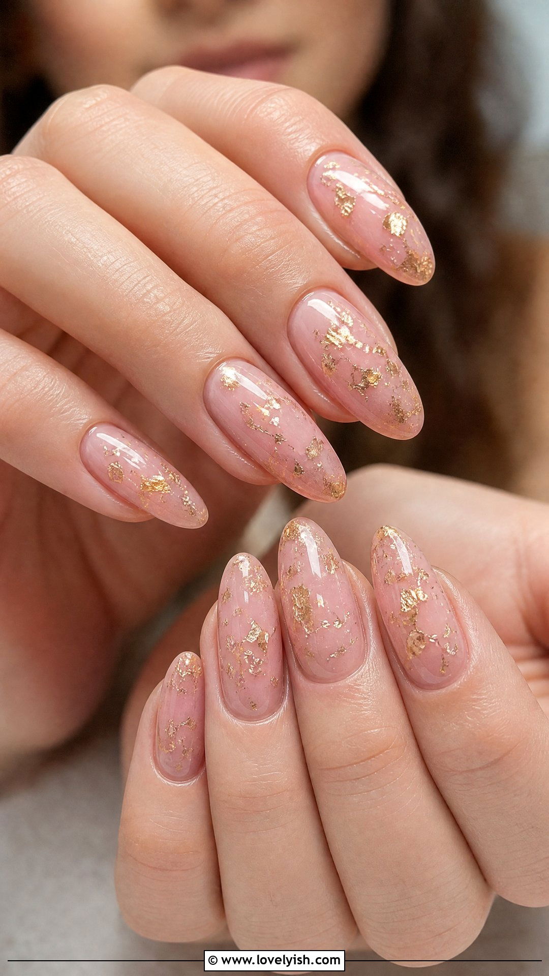 Sheer Pink With Gold Foil Nails - 50 simple nail art - 50 simple nail art