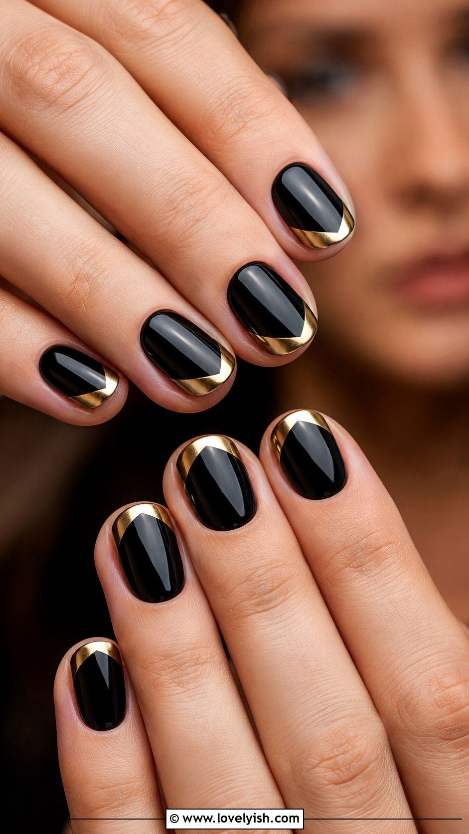 Short Black Nails with Gold V Tip - 50 black and gold nail designs - 50 black and gold nail designs