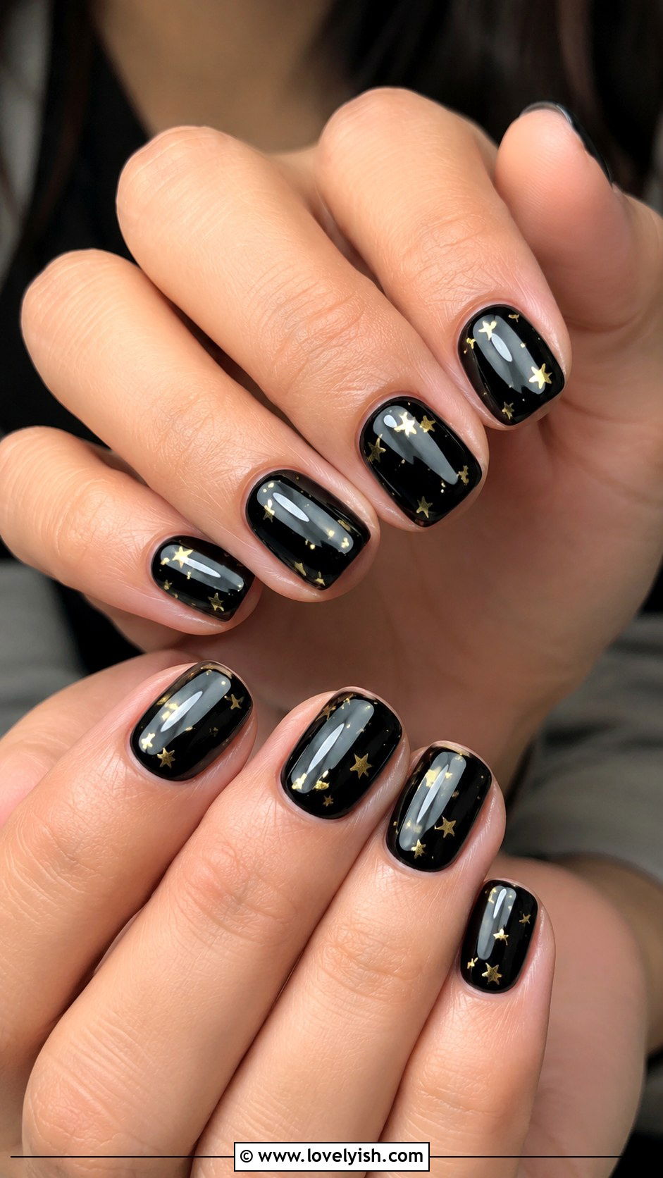 Short Black Nails with Tiny Gold Stars - 50 black and gold nail designs - 50 black and gold nail designs