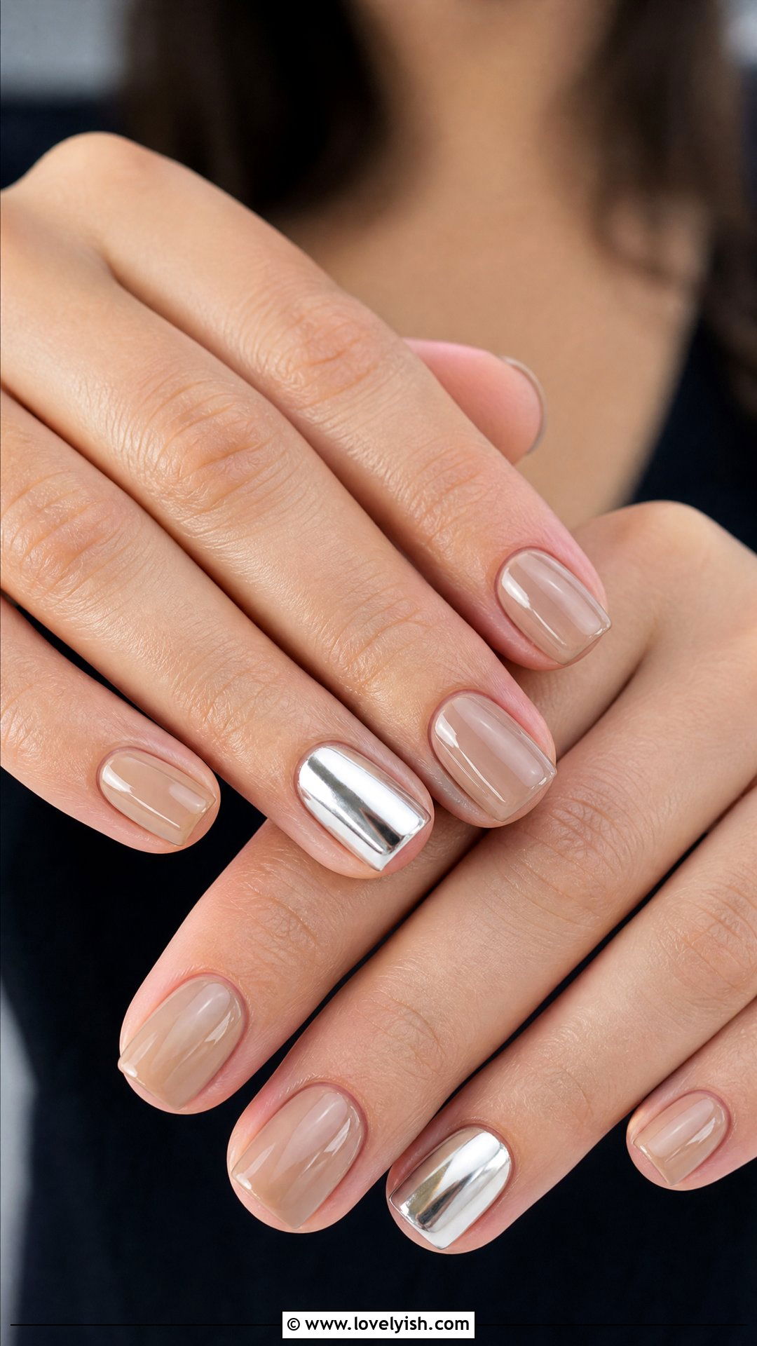 Silver Chrome Accent Nails on Nude Base - 50 silver chrome nails - 50 silver chrome nails
