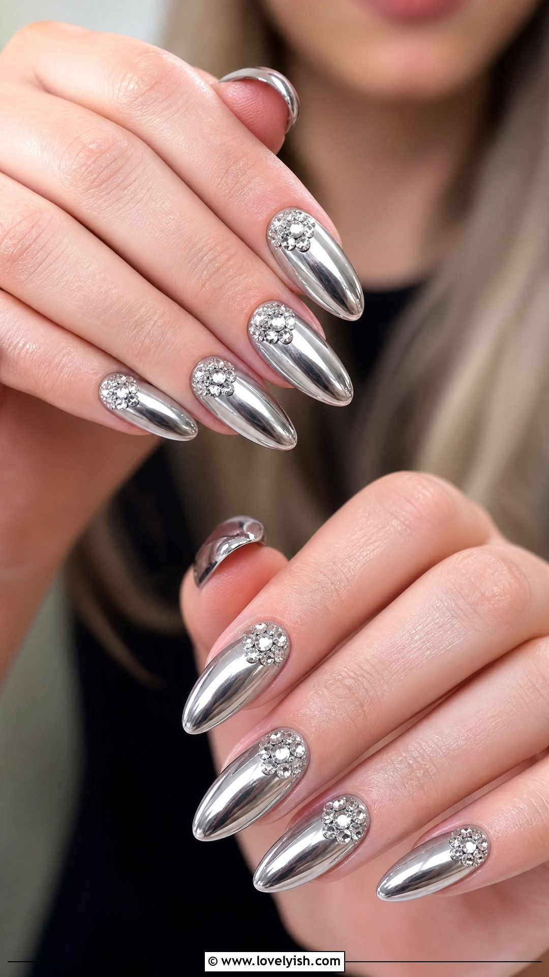 Silver Chrome Almond Nails with Rhinestones - 50 silver chrome nails - 50 silver chrome nails