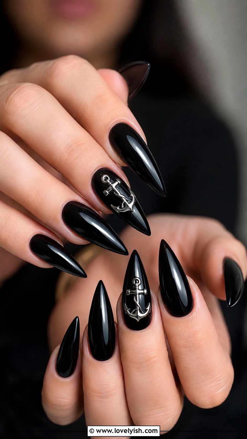 Silver Chrome Anchor on Black - 50 anchor nail designs - 50 anchor nail designs