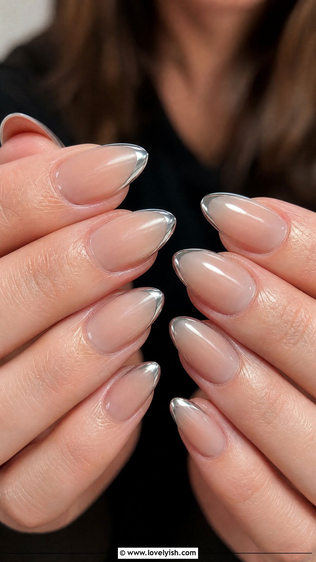 Silver Chrome French Tip Nails on Nude Base - 50 chrome french tip nails - 50 chrome french tip nails